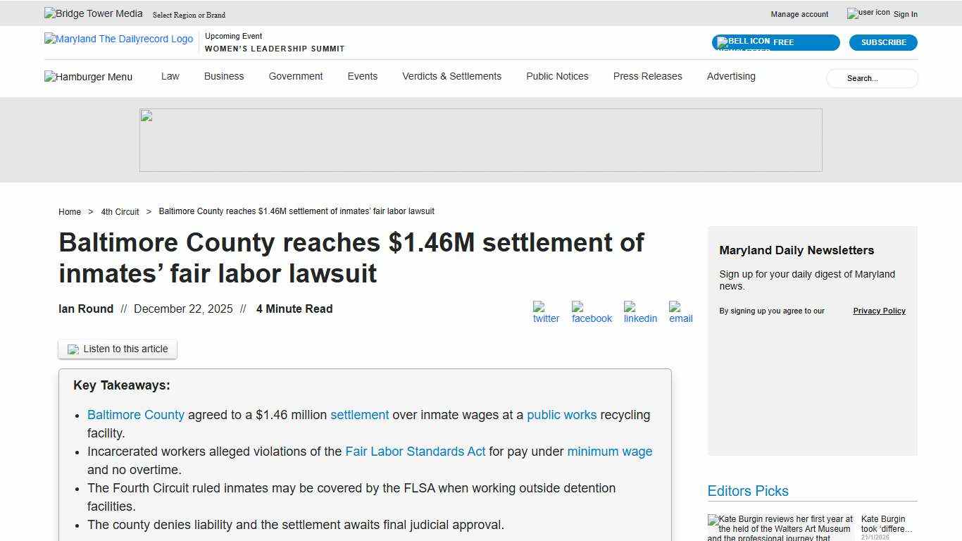 Baltimore County reaches $1.46M settlement of inmates’ labor suit